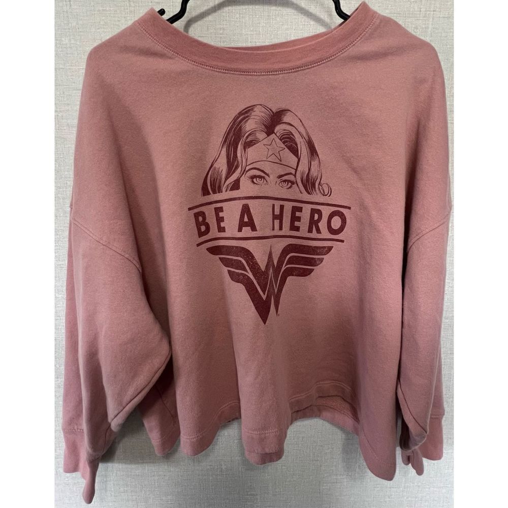 Old Navy Pink Superhero Graphic Warm Cropped Crewneck Sweatshirt
